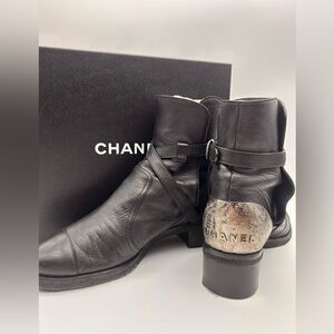 CHANEL Silver Heel Logo Black Biker Buckle Boots 38.5 With Box Rare G28694